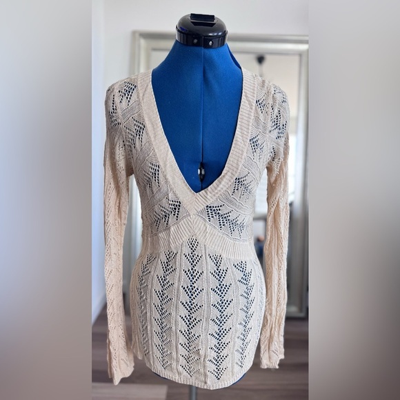 CACHE V Neck Crochet Knit Tussah Silk Long Sleeve Top Y2K 90s Style Women’s L - Picture 2 of 9